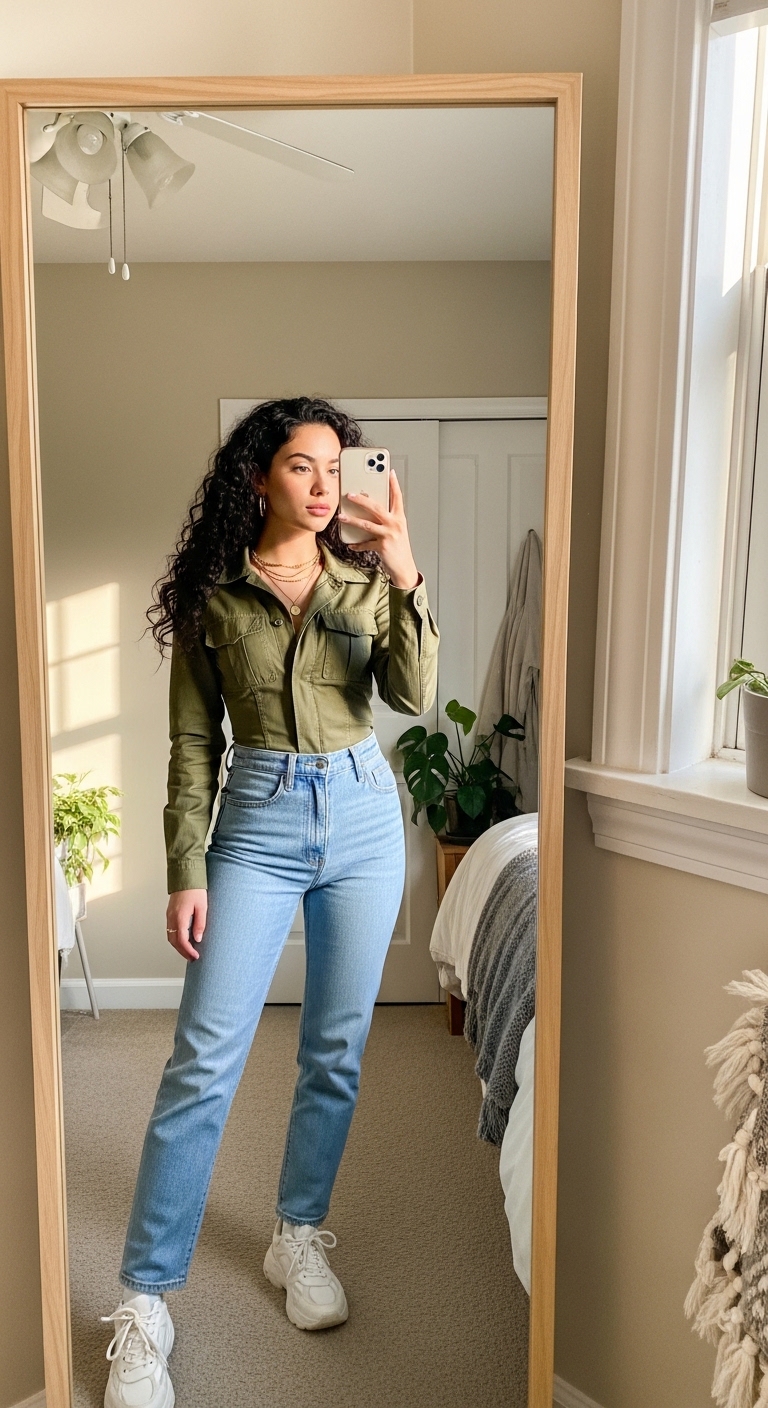 olive green utility jacket with blue jeans