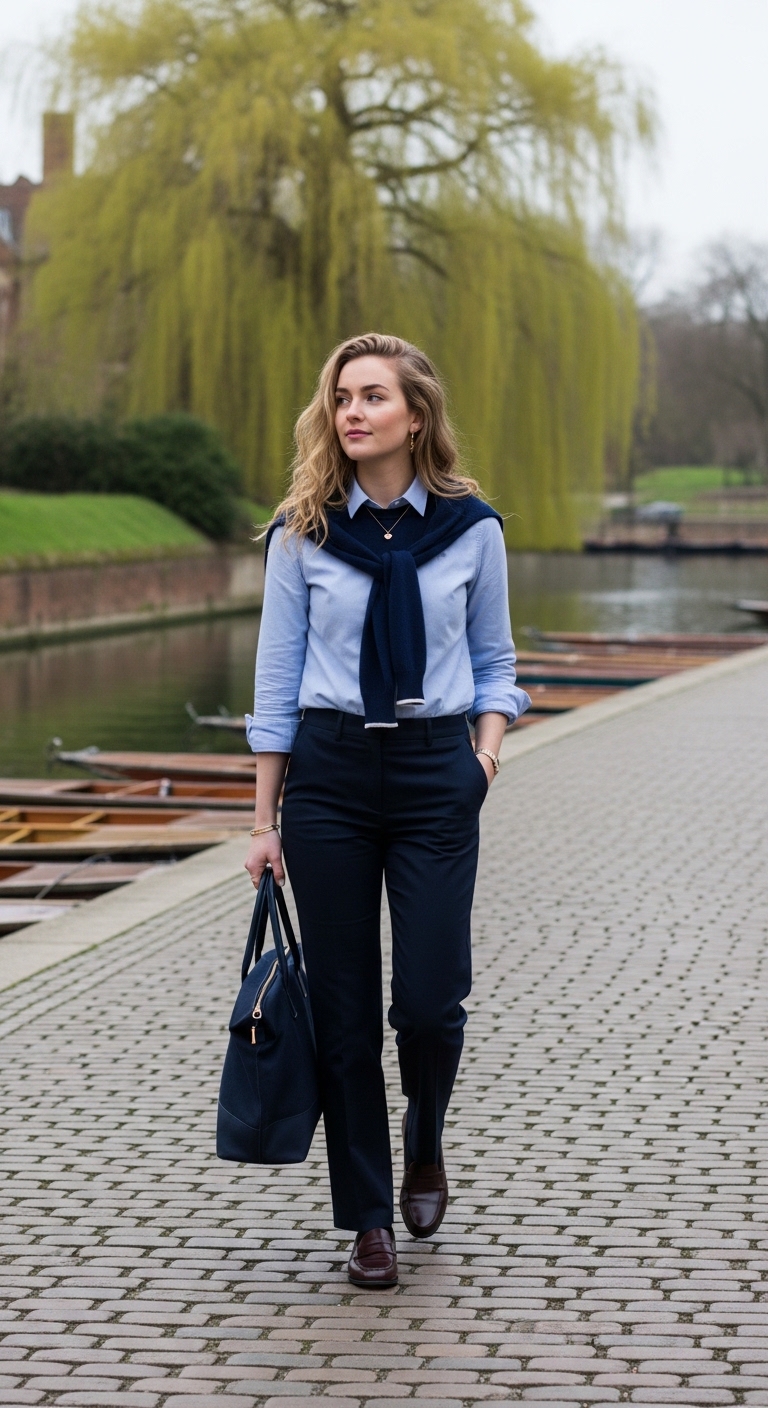 pale blue shirt with navy cashmere jumper over dark navy trousers