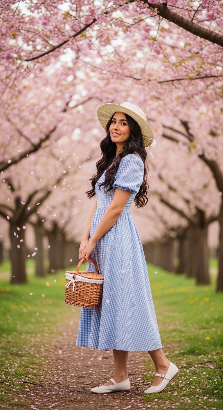 pastel blue gingham midi dress in cherry blossom orchard