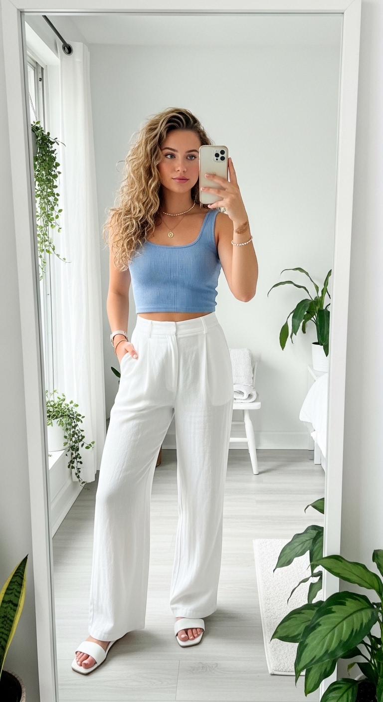 pastel blue ribbed crop top with white linen trousers