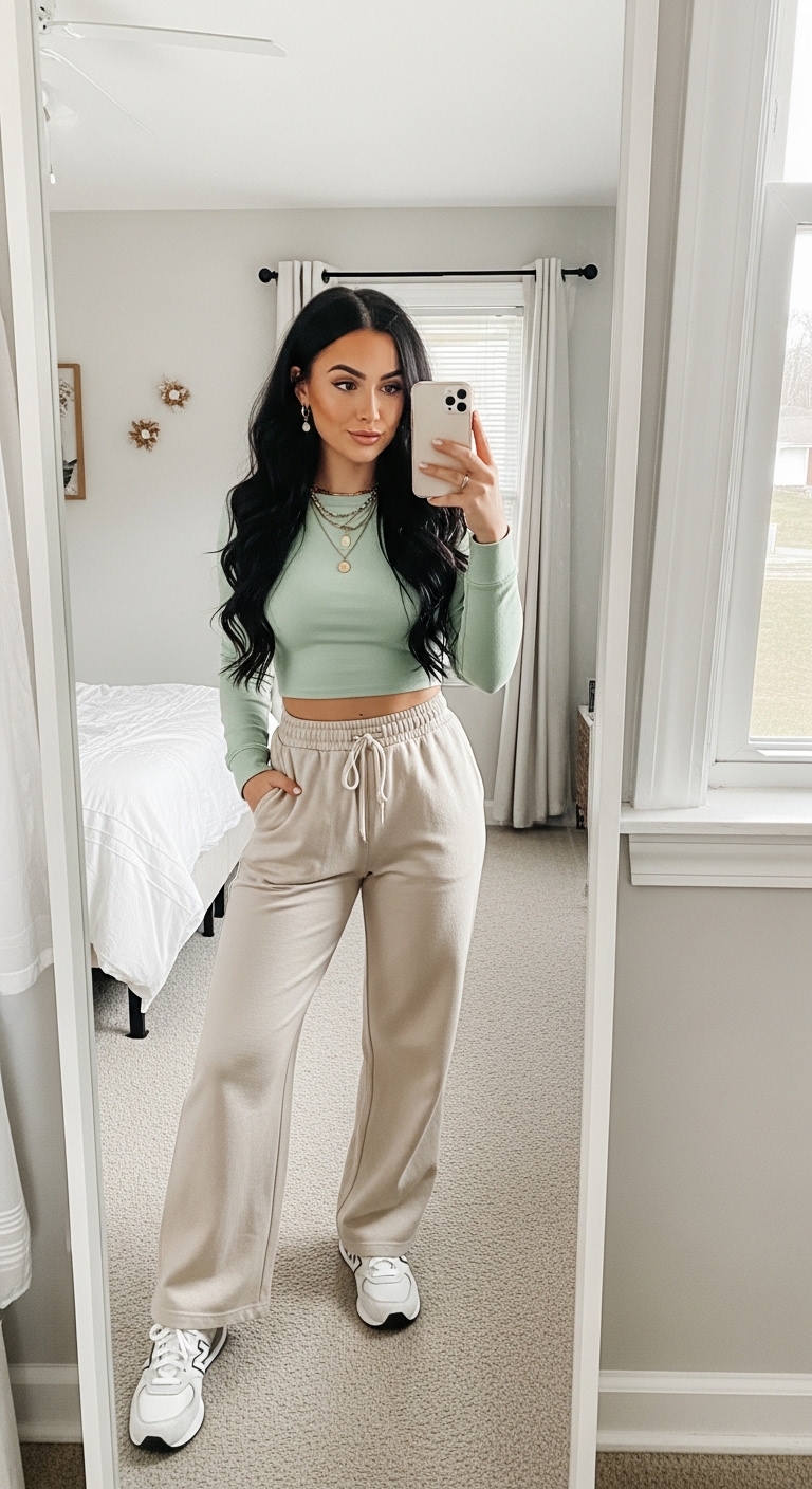 pastel green crop sweatshirt with beige wide leg joggers