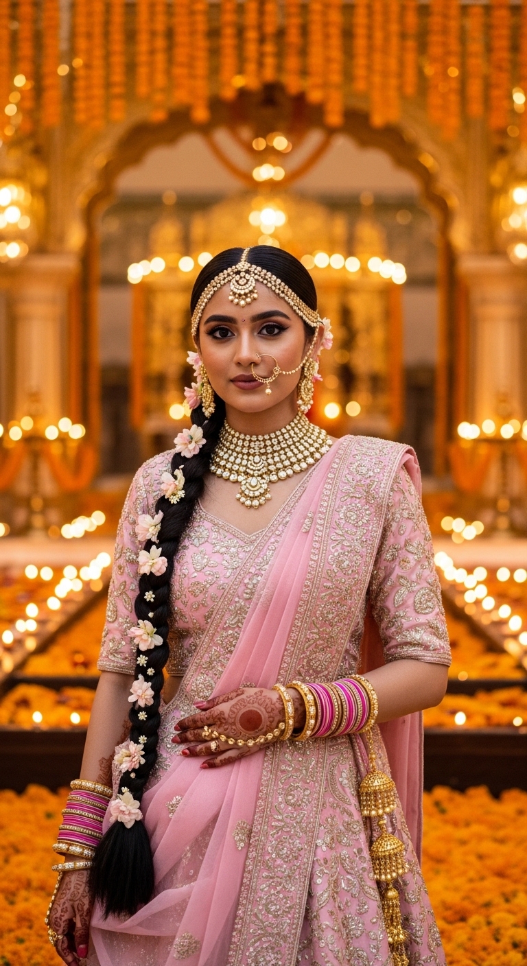 pastel pink and gold bridal style lehenga