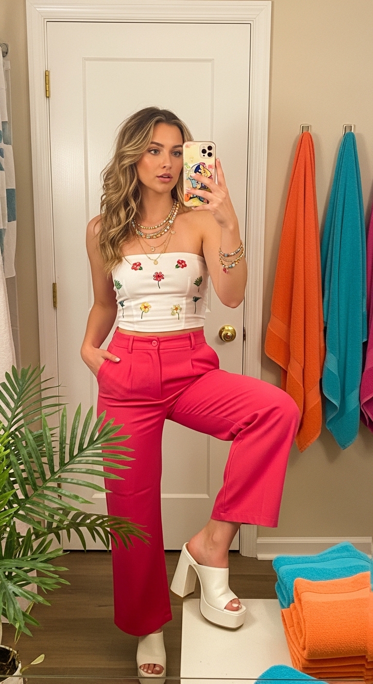 pink tropical wide leg pants with embroidered tube top
