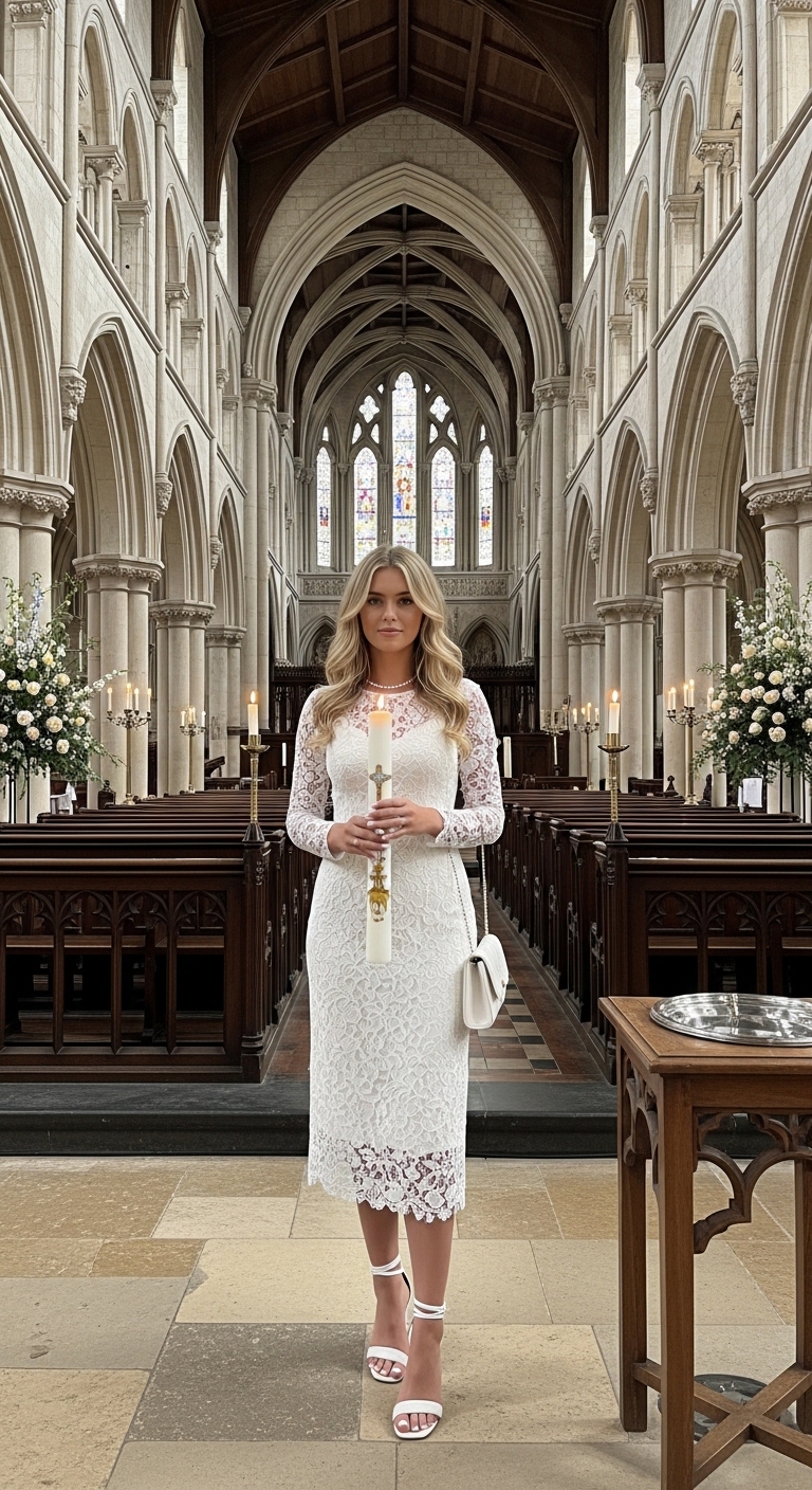 pure white long sleeve lace midi dress