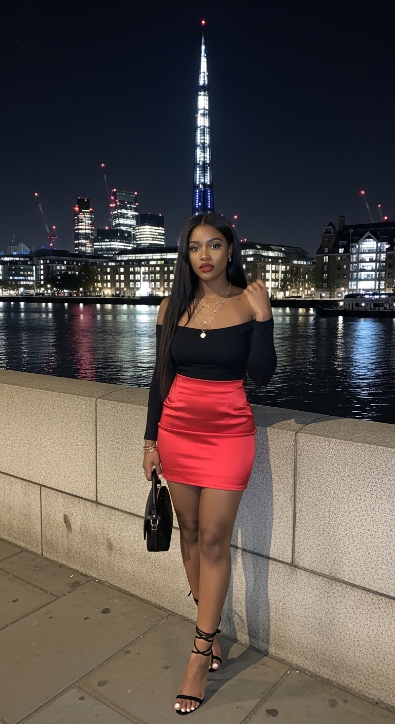 red satin mini skirt with black off shoulder top
