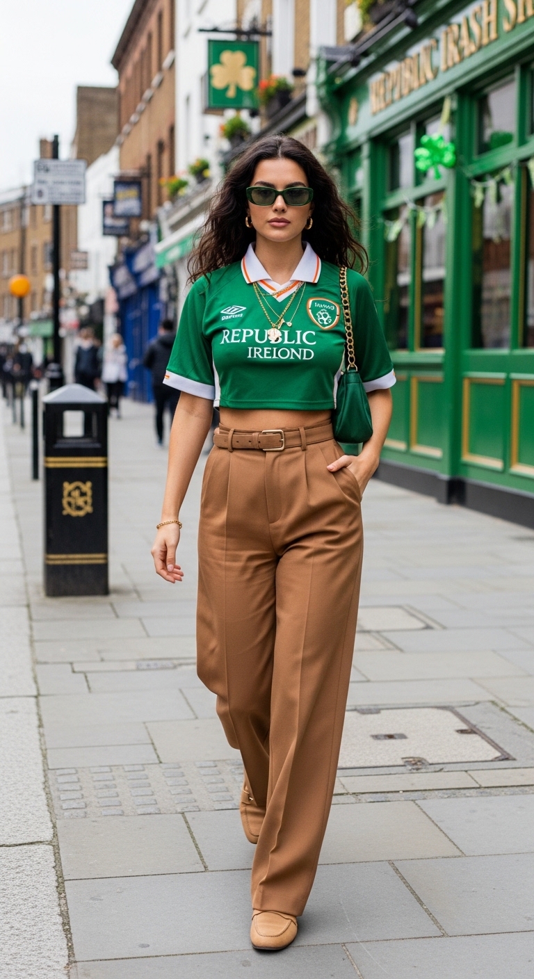republic of ireland jersey crop top with camel wide leg trousers