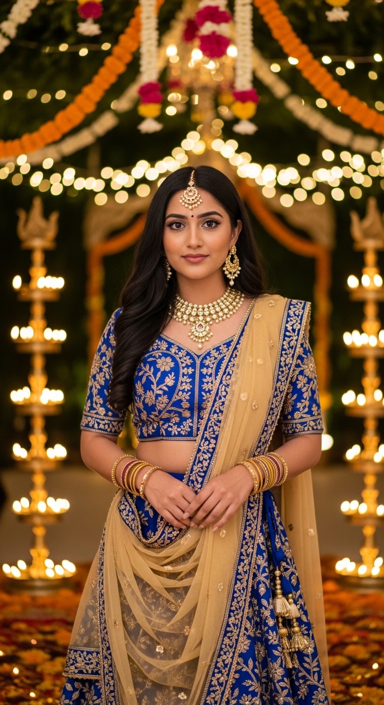 royal blue and gold embroidered lehenga