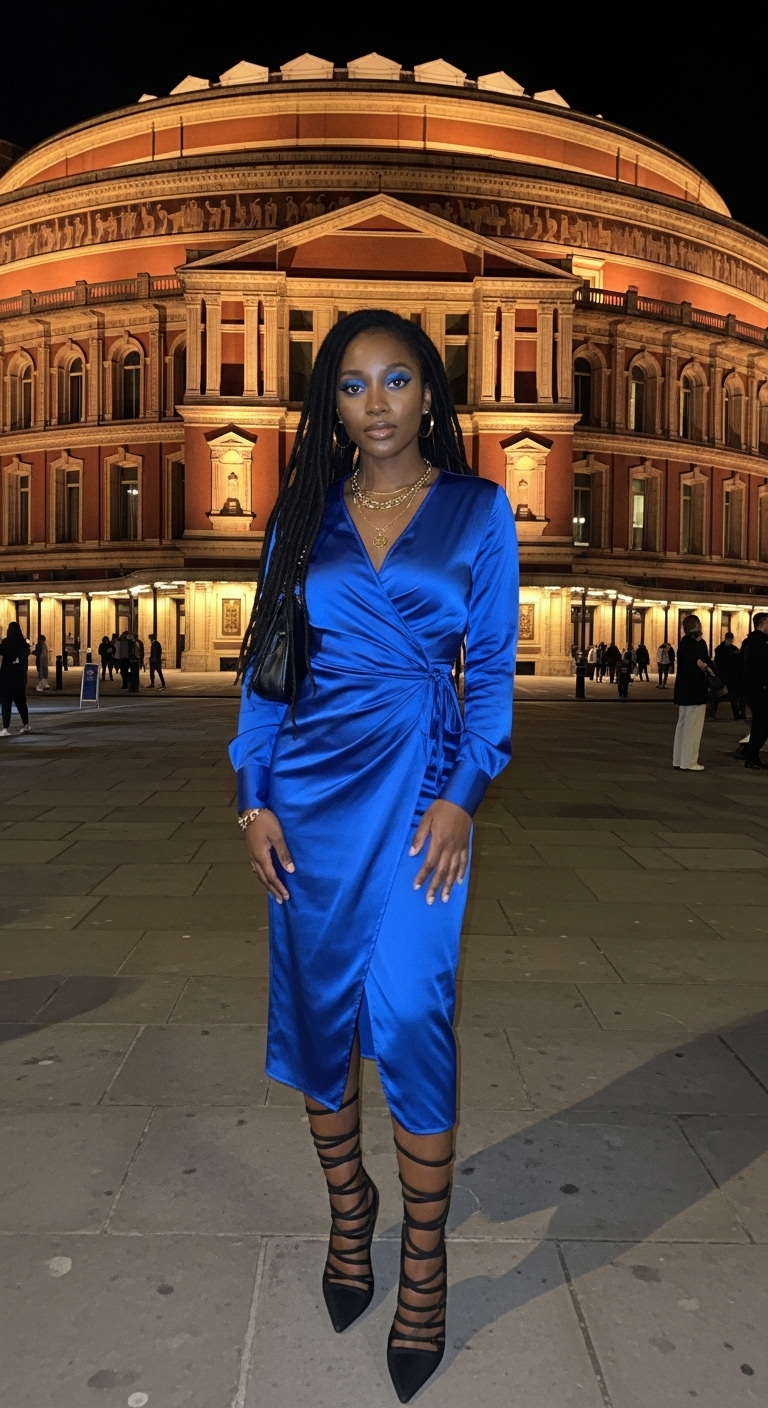 royal blue satin wrap midi dress