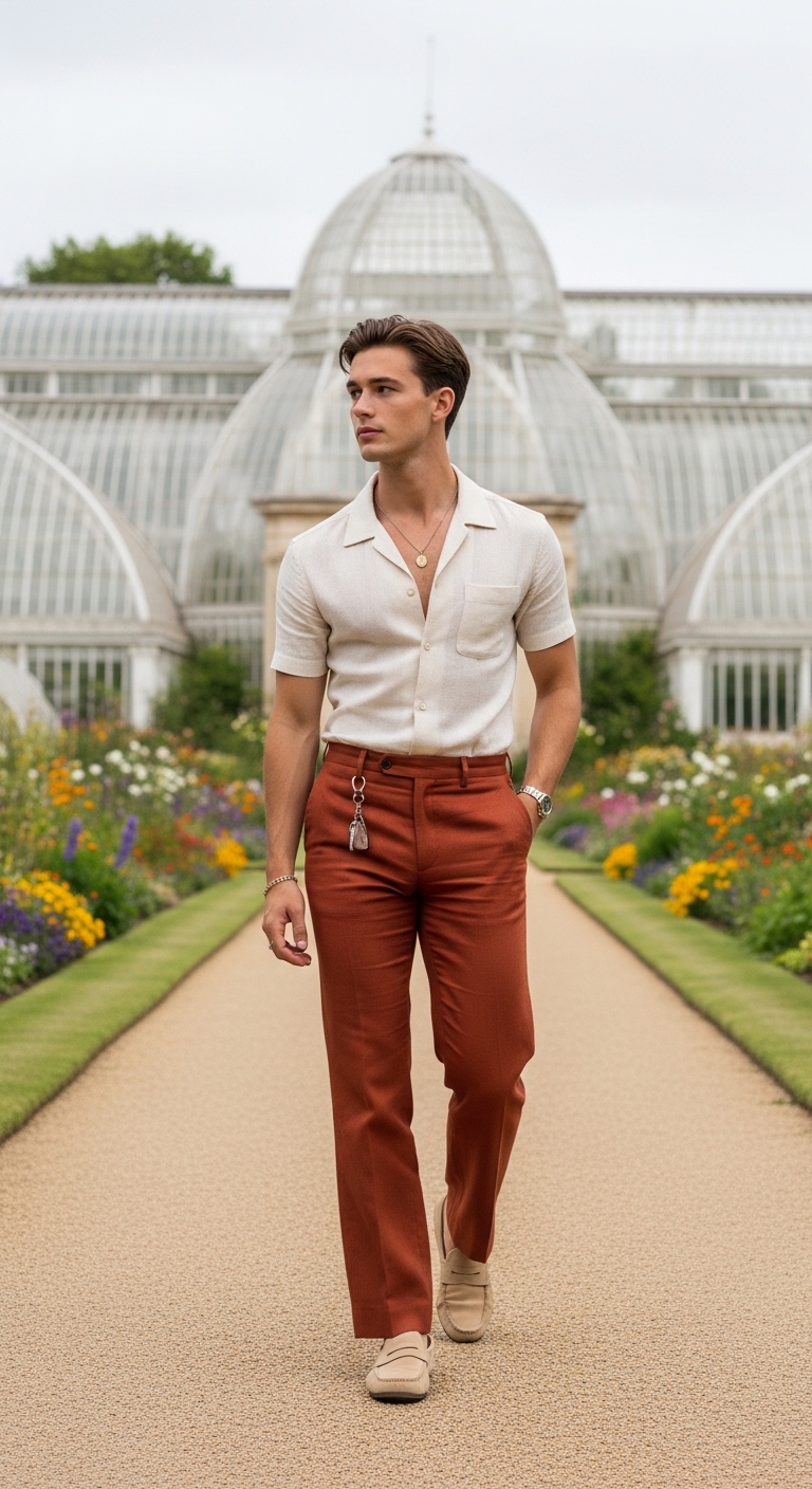 rust orange linen wide leg trousers with cream linen shirt