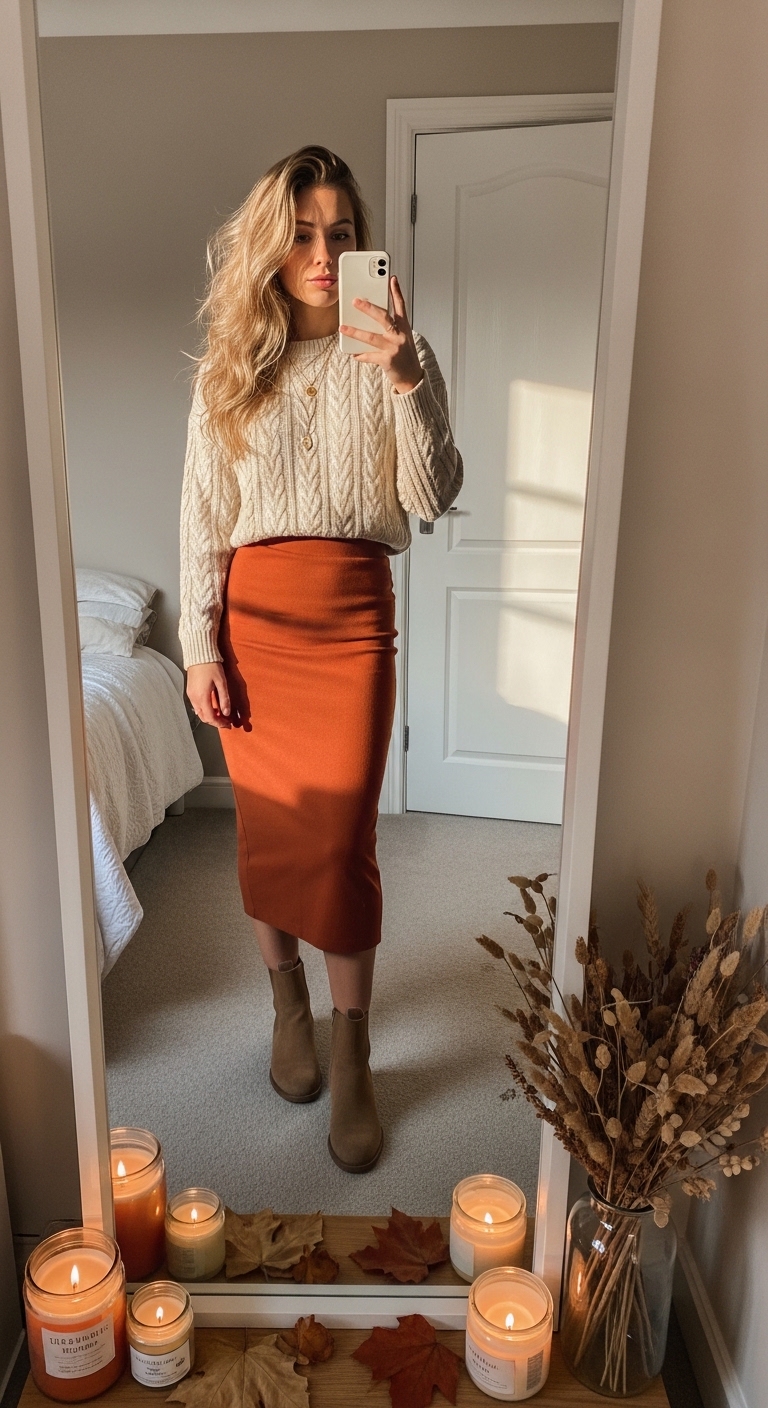 rust orange midi skirt with cream cable knit and suede chelsea boots