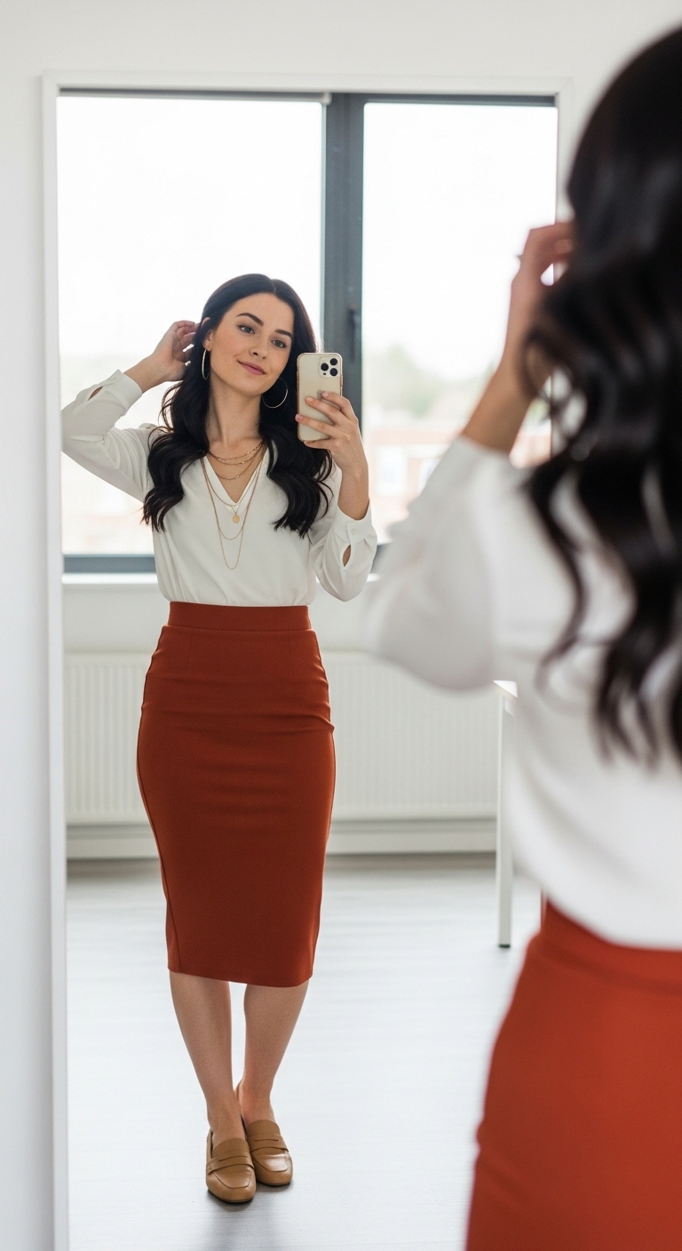 rust orange midi skirt with white blouse