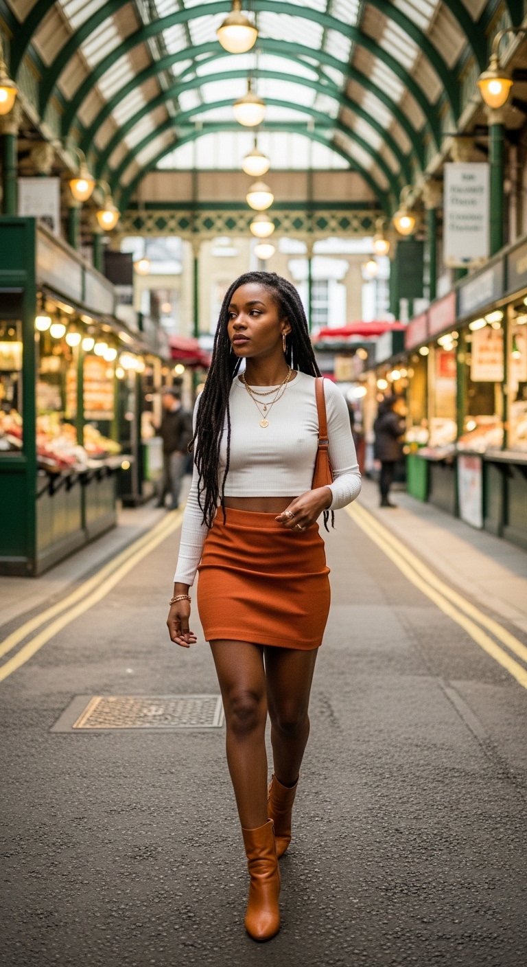 rust orange mini skirt with white crop top and ankle boots