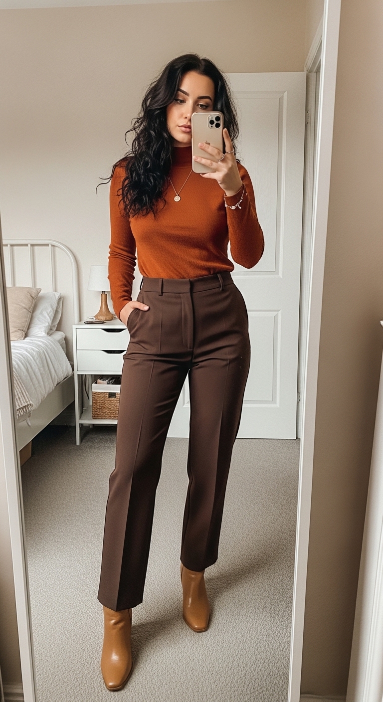 rust orange roll neck with dark brown tailored trousers