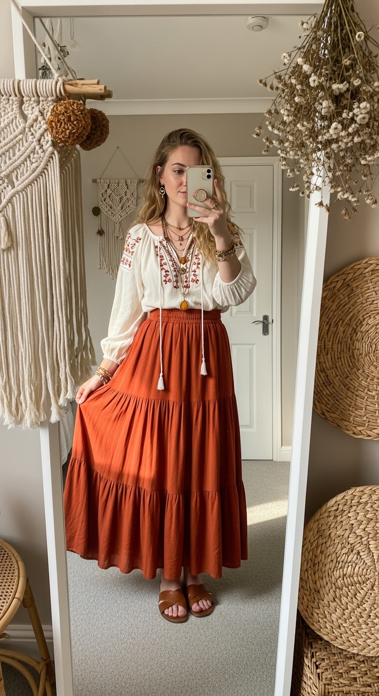 rust orange tiered maxi skirt with white peasant blouse