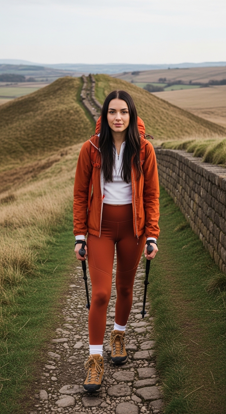 rust orange trekking leggings with orange wind jacket