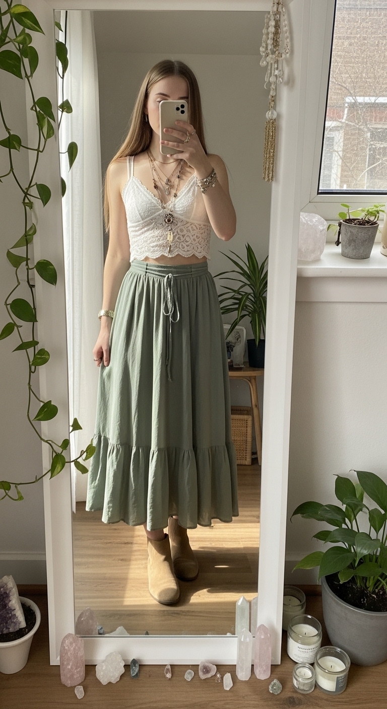 sage green boho midi skirt with white lace crop top
