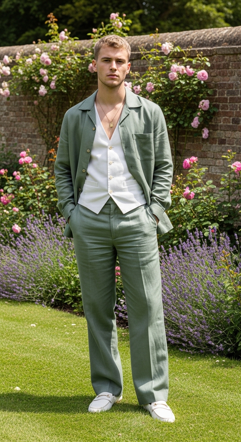 sage green linen co ord camp collar shirt with matching wide leg trousers