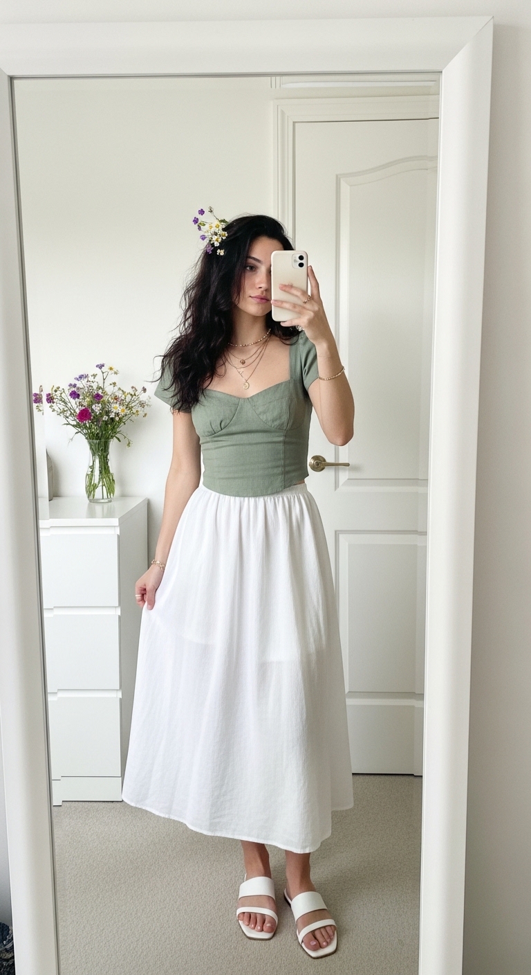 sage green linen crop top with white flowy midi skirt