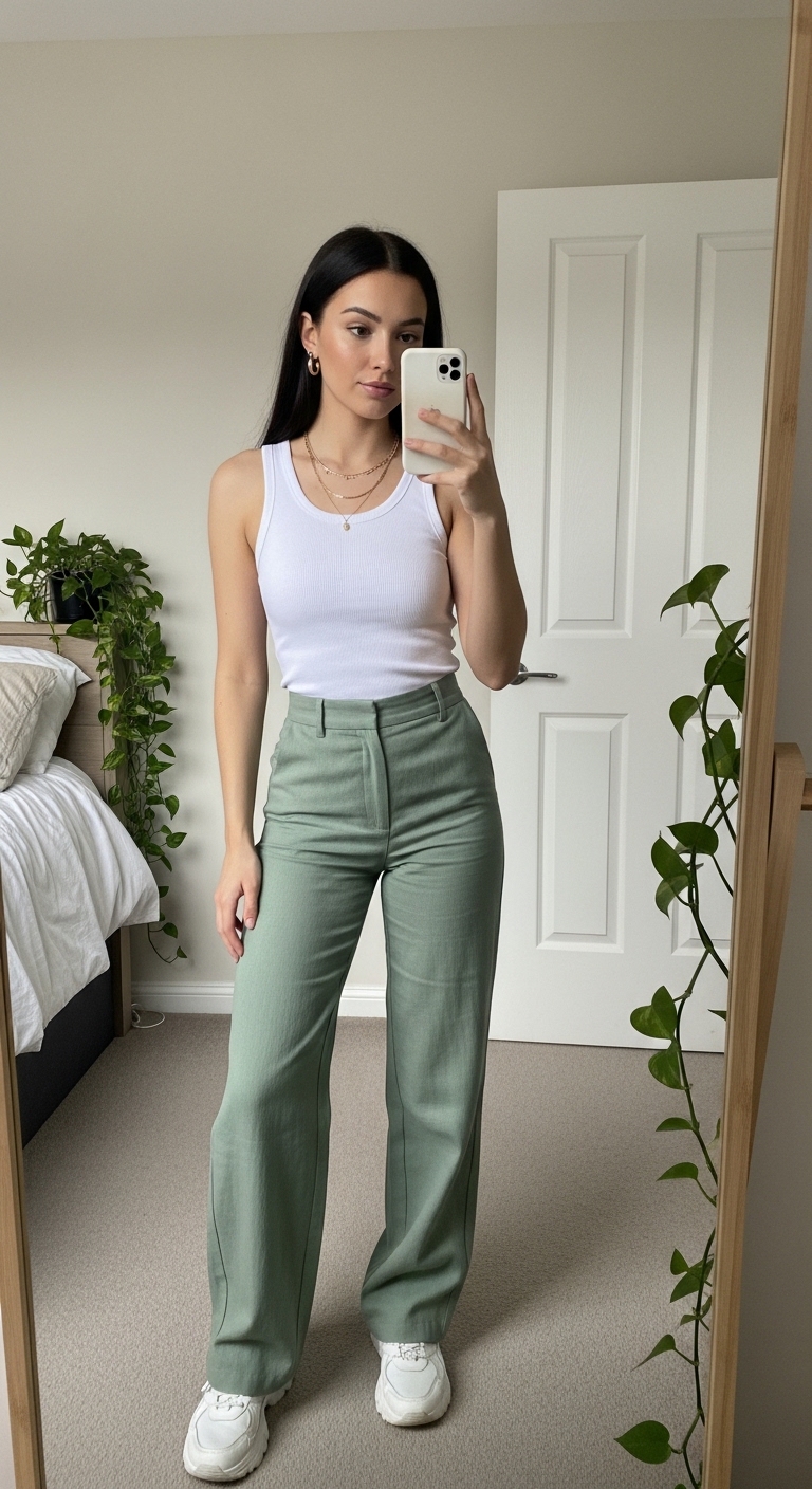 sage green linen wide leg trousers with white tank