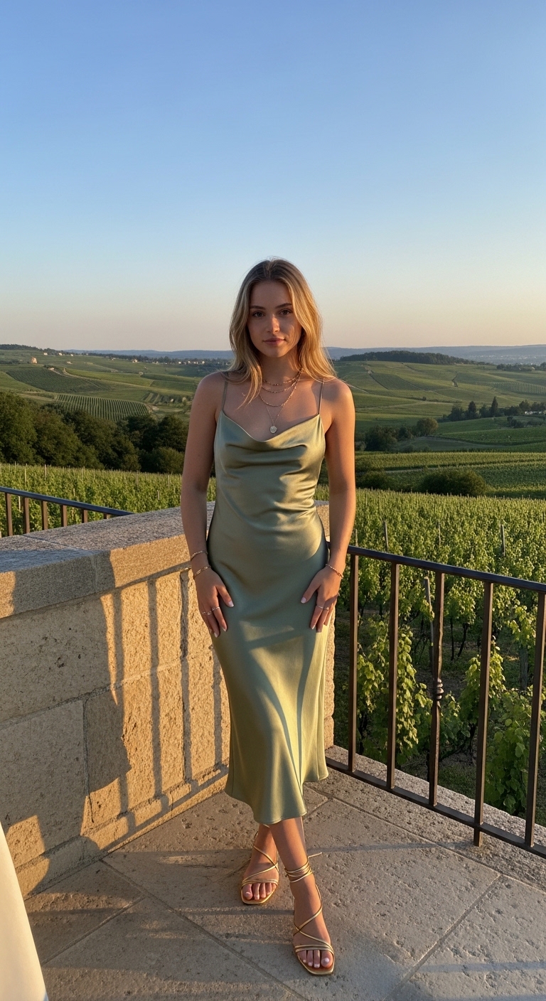 sage green satin bias cut midi dress