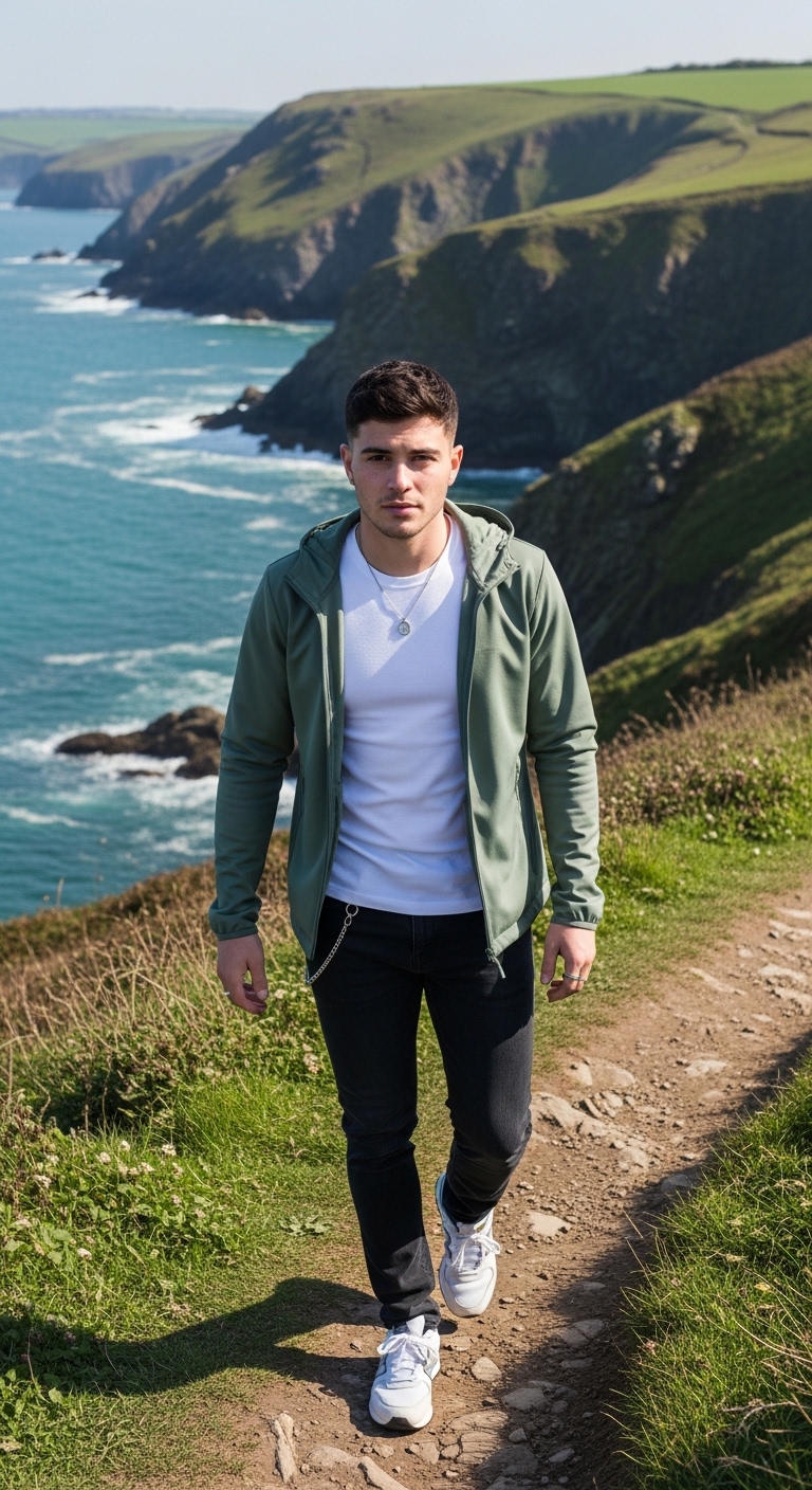 sage green technical spring jacket over white tee with dark jeans