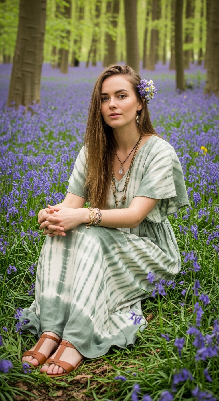 sage green tie dye boho maxi dress in bluebell woods