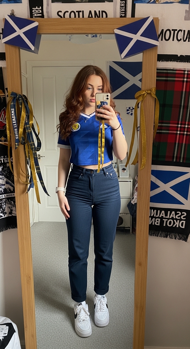 scotland national jersey with dark navy jeans