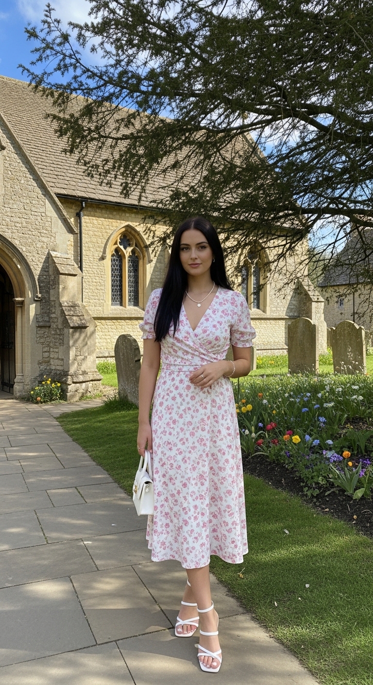 soft pink floral wrap midi dress