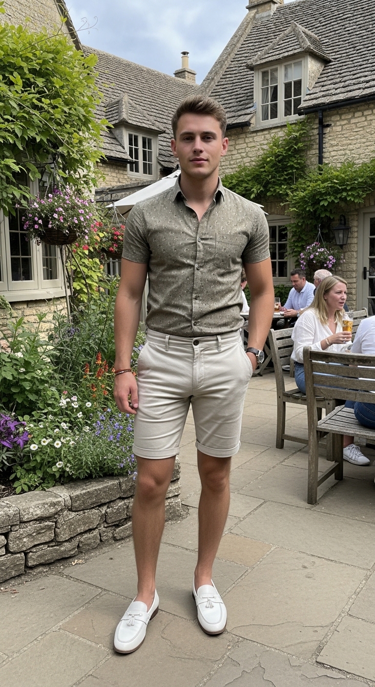 stone chino shorts with olive patterned short sleeve shirt