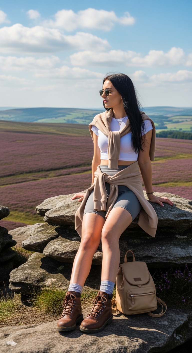 stone hiking shorts with white crop tee