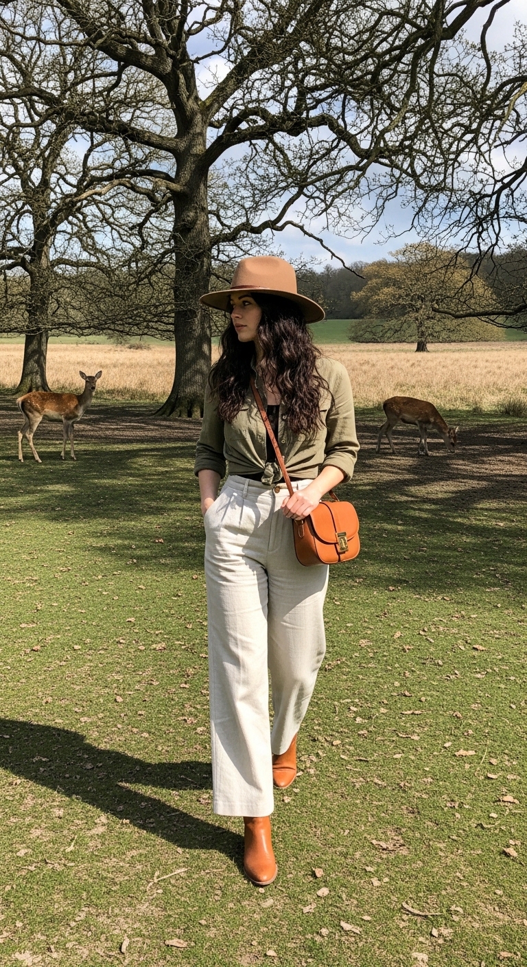 stone linen trousers with khaki linen shirt