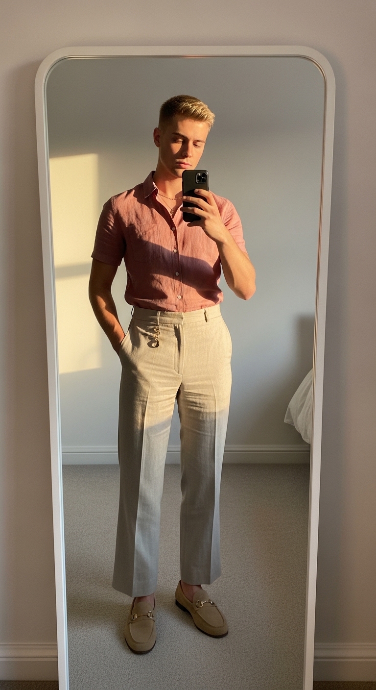 stone linen wide leg trousers with dusty pink linen shirt