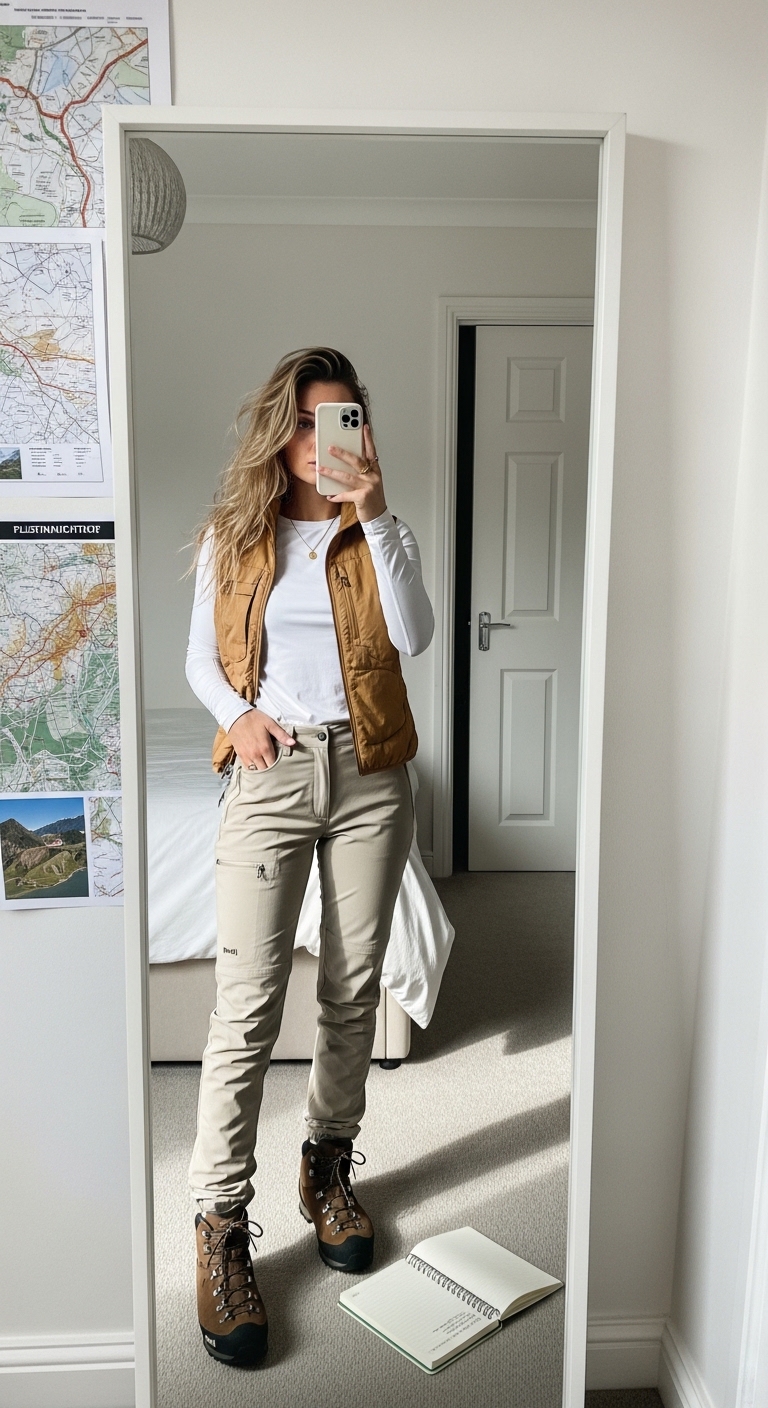 stone trekking trousers with white top and tan gilet