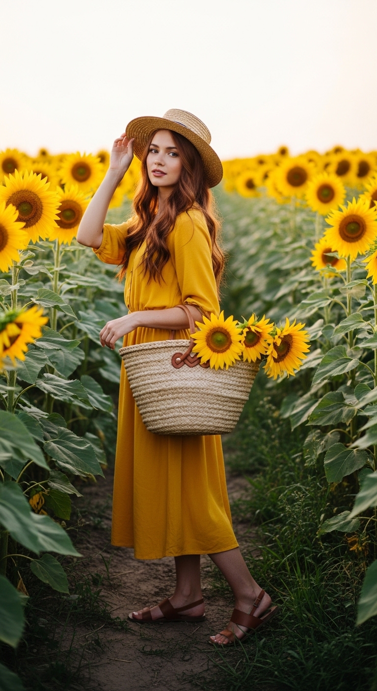 sunflower yellow midi dress in sunflower field