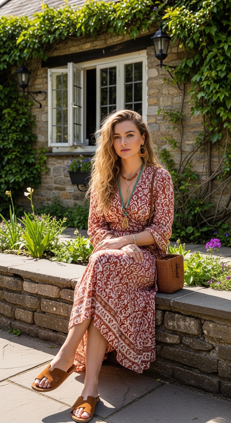 terracotta boho print wrap midi dress