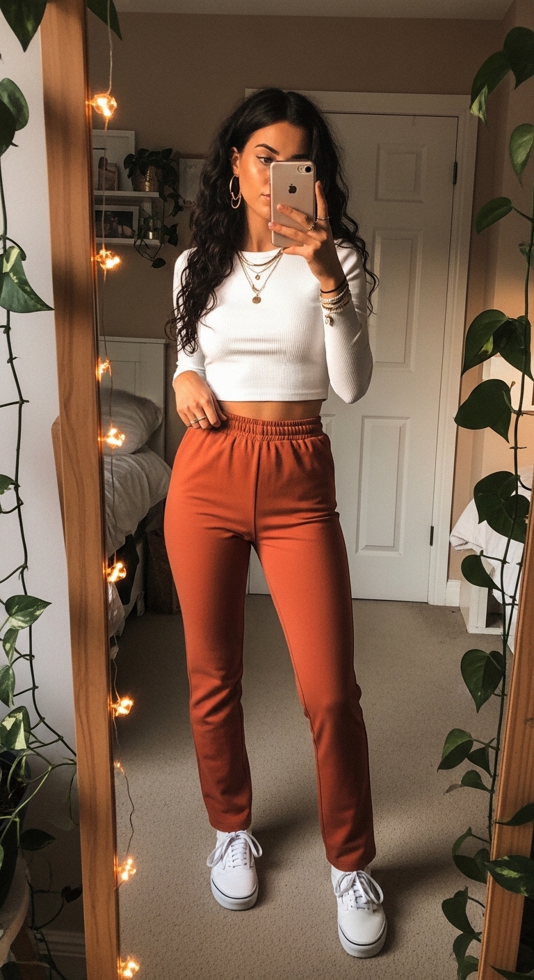 terracotta orange joggers with white ribbed long sleeve top