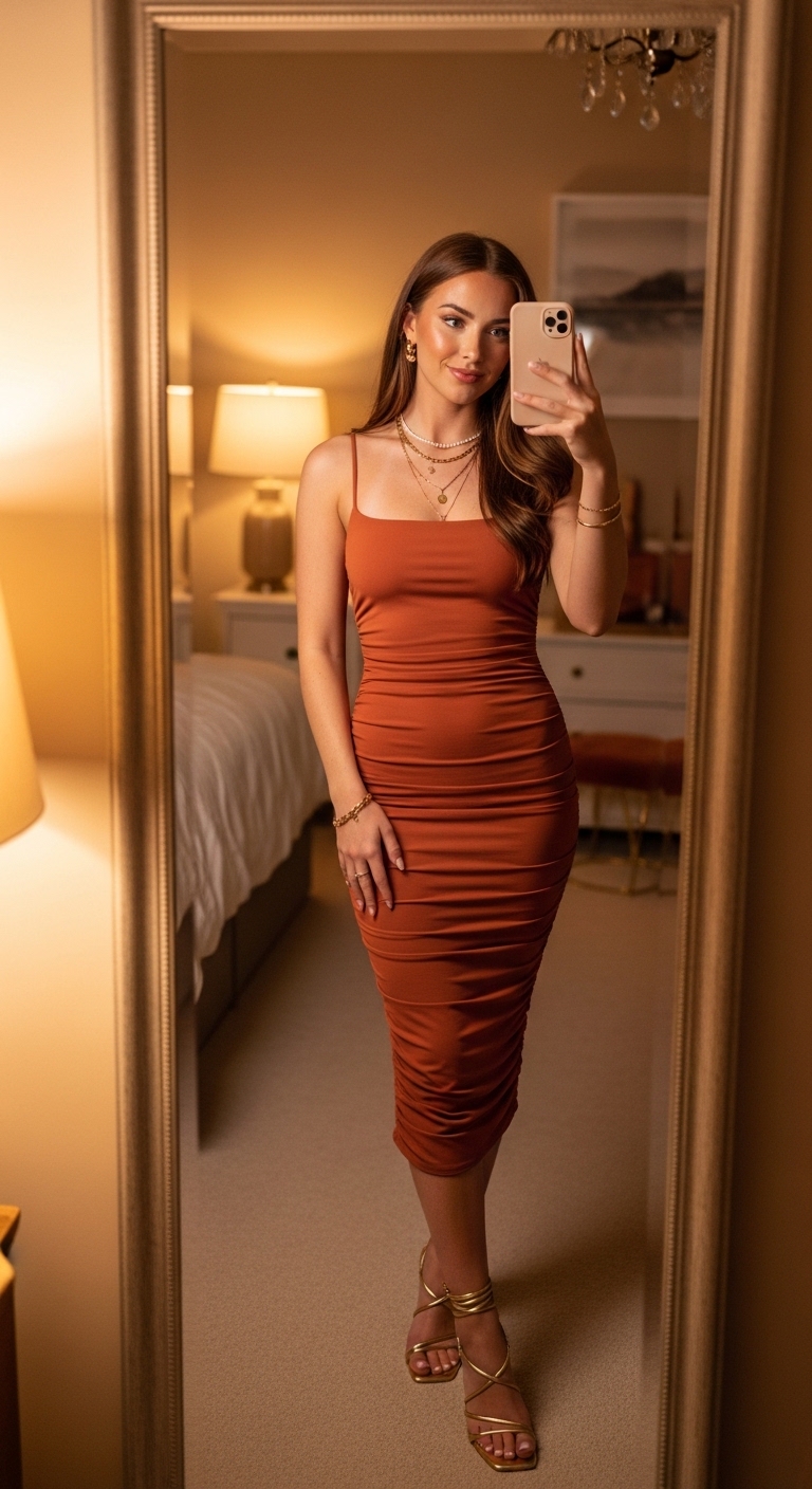 terracotta orange ruched midi dress