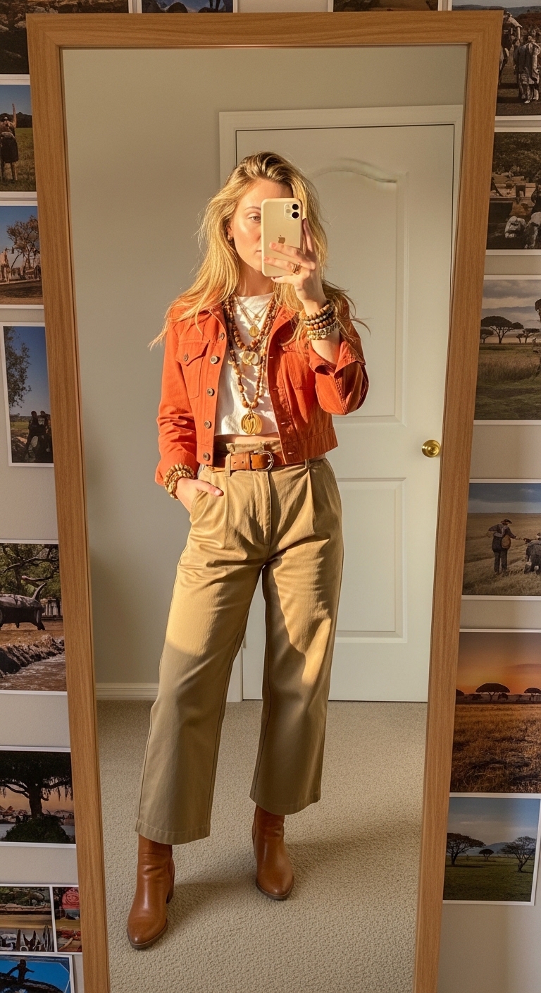 terracotta utility jacket with khaki wide leg trousers