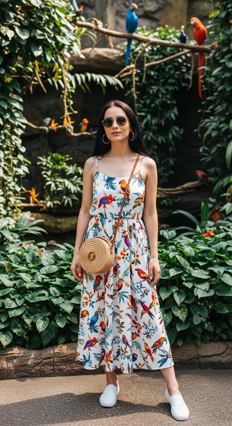 tropical bird print sundress
