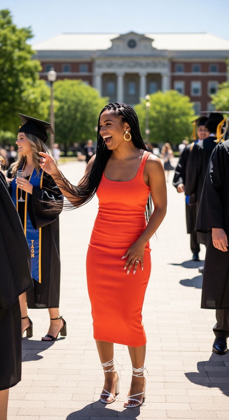 vibrant coral orange fitted midi dress