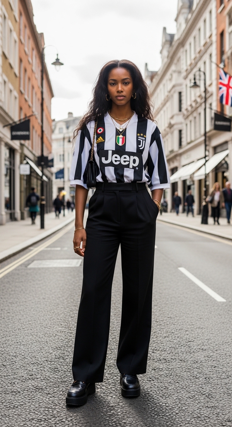 vintage juventus jersey with black wide leg trousers