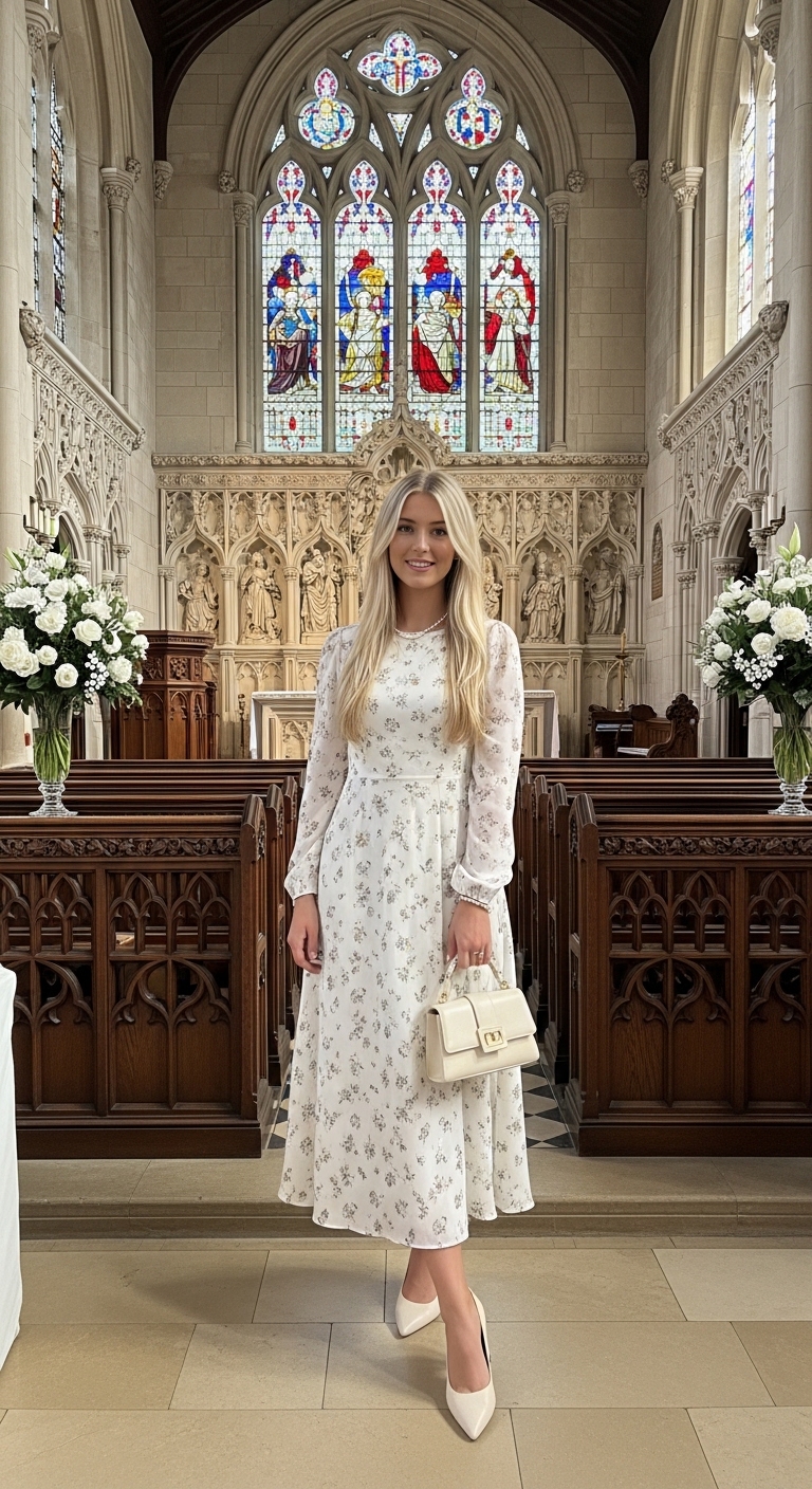 white and cream floral long sleeve midi dress