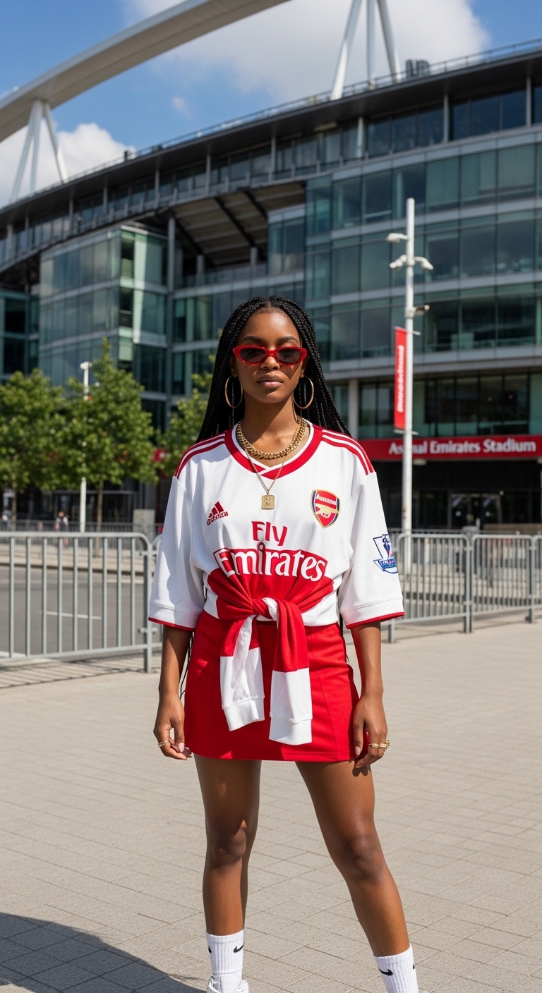 white arsenal jersey tied with red mini skirt