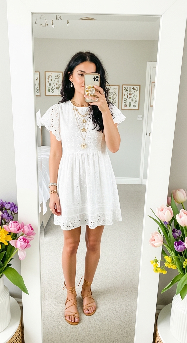 white broderie anglaise boho mini dress
