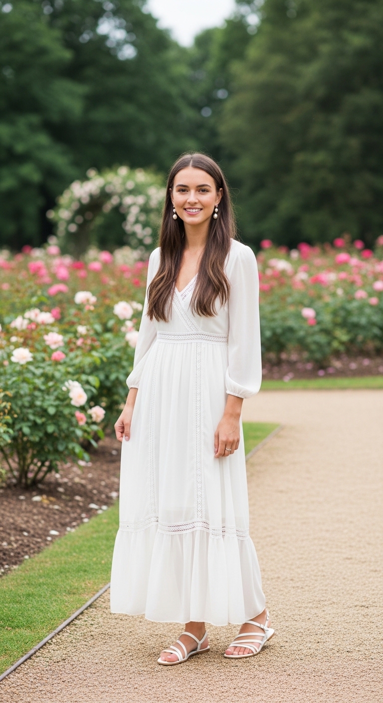 white chiffon maxi dress with lace trim