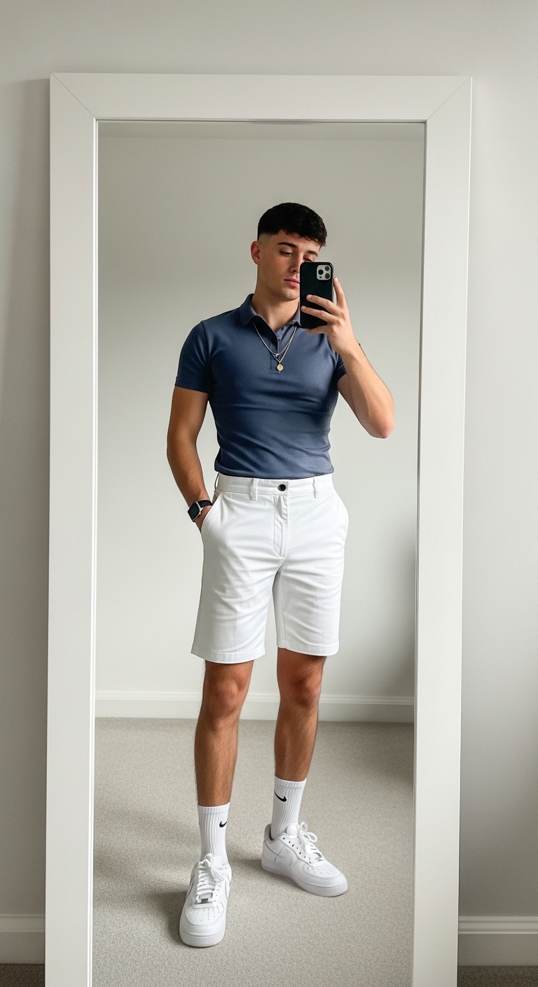 white chino shorts with navy polo shirt