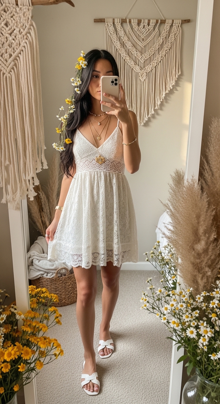 white crochet mini dress with wildflowers in hair