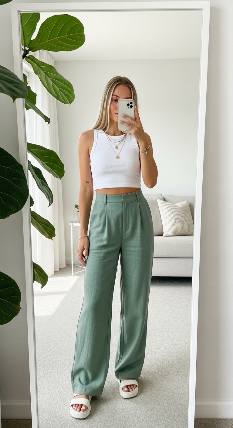 white crop tank with sage green wide leg trousers