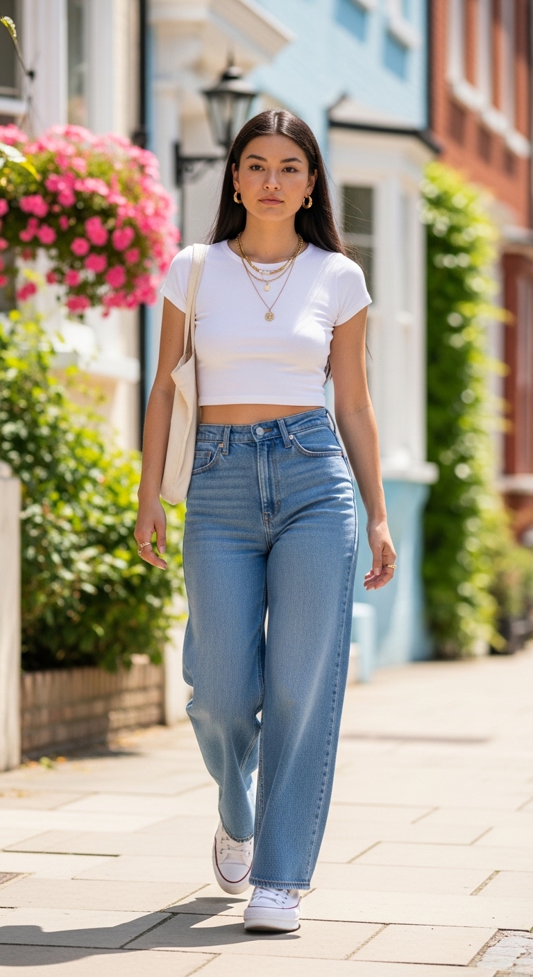 white crop tee with wide leg jeans