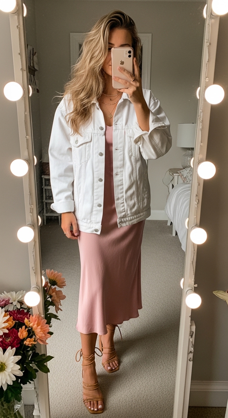 white denim jacket over dusty pink midi slip dress